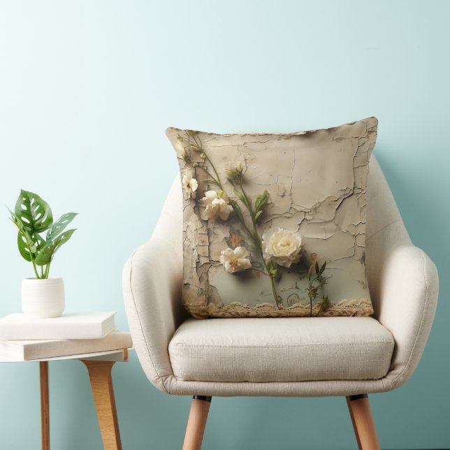 Vervuild papier met witte rustieke bloemenmotief kussen (Stoel)