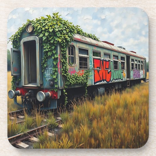 Verwaarloosde trein overgroeid met klimop en graff bier onderzetter (Voorkant)