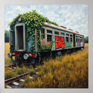 Verwaarloosde trein overgroeid met klimop en graff poster