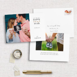 Verwacht een gelukkig nieuwjaarsvakantiefotokaart feestdagenkaart