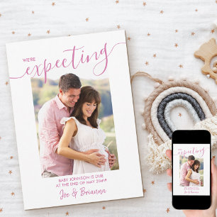 Verwacht foto Elegant Script roze marine zwangersc Aankondiging