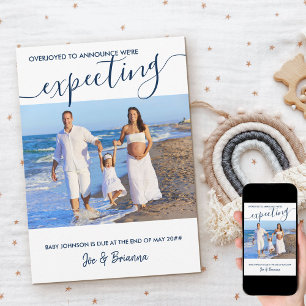 Verwacht Foto en Elegant Schrift Blau Zwangerschap Aankondiging