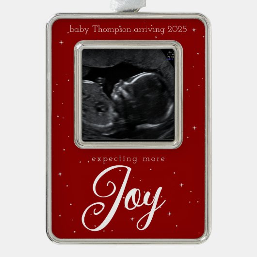 Verwacht meer JOY echografie Verzilverd Omlijst Ornament (Voorkant)