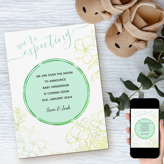 Verwacht op groene lijn Drawn Flowers Zwangerschap Aankondiging