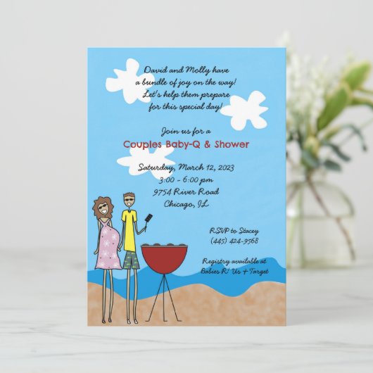 Verwacht paar grillen uitnodigingen Baby shower (Staand voorkant)