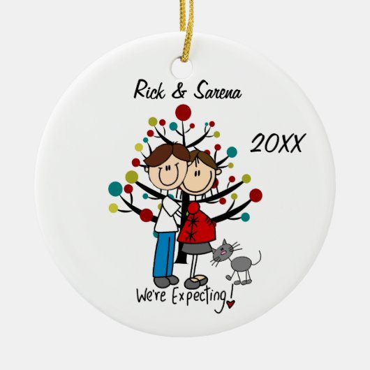 Verwacht paar met grijs kattenversiering keramisch ornament (Voorkant)