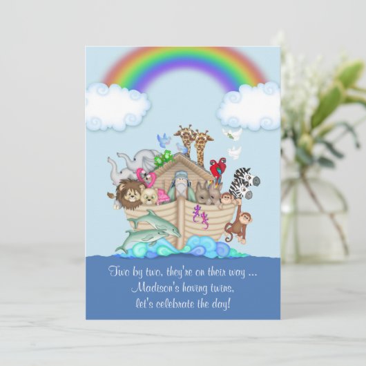 Verwacht tweeling Baby shower uitnodiging - Noah's (Staand voorkant)