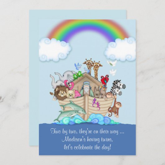 Verwacht tweeling Baby shower uitnodiging - Noah's (Voorkant / Achterkant)