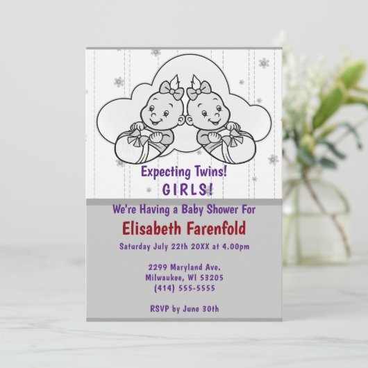 Verwacht tweelingmeisjes Cloud Baby shower Grijze  Kaart (Staand voorkant)