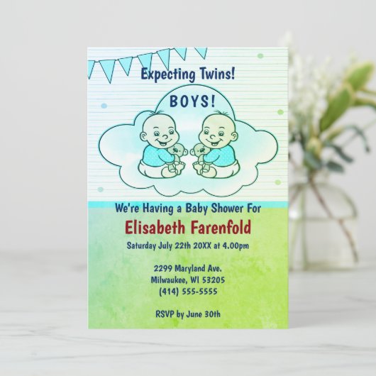 Verwacht Twin Boys in Cloud Green Baby shower Kaart (Staand voorkant)