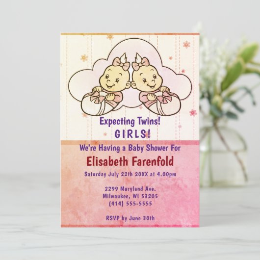 Verwacht Twin Girls Cloud Baby shower Retro Kaart (Staand voorkant)