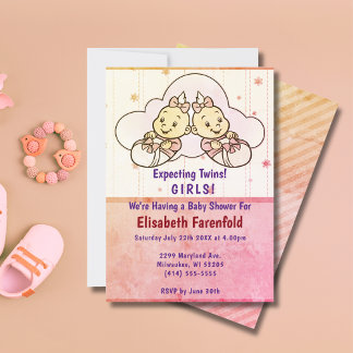 Verwacht Twin Girls Cloud Baby shower Retro Kaart