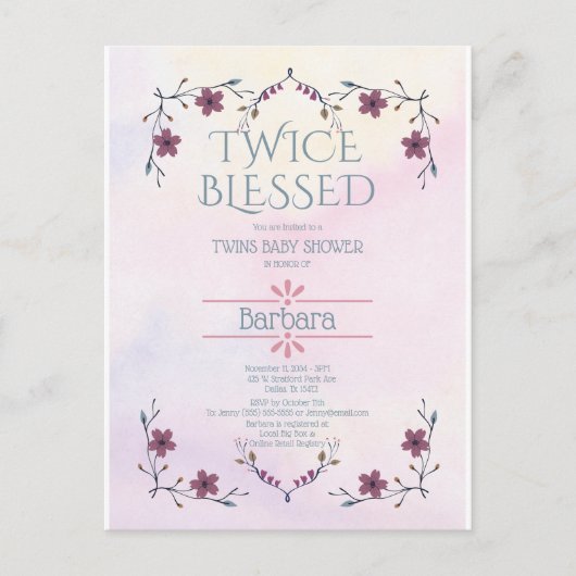 Verwachtende tweelingen: Boho florale en lavender  Uitnodiging Briefkaart (Voorkant)