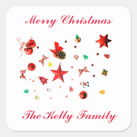 Verwarde kerstrode gemengde ornamenten met tekst vierkante sticker (Voorkant)
