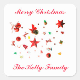 Verwarde kerstrode gemengde ornamenten met tekst vierkante sticker