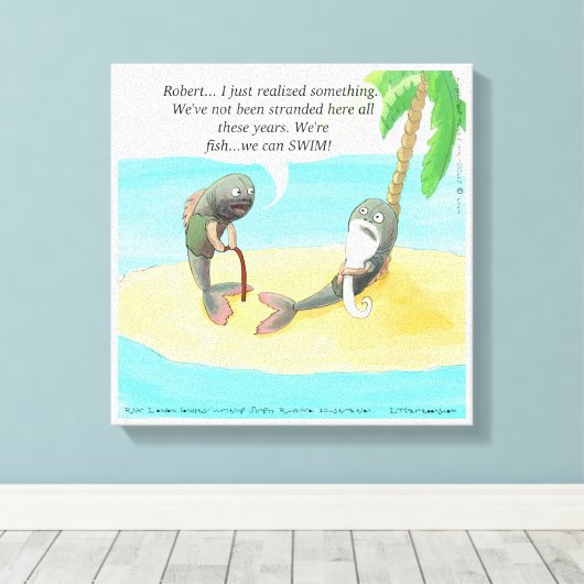 Verwarde vis op woestijneiland Funny Canvas Afdruk (Insitu (Houten vloer))