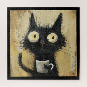 Verwarde Zwarte Kat met Koffie op Grunge Bruin Legpuzzel