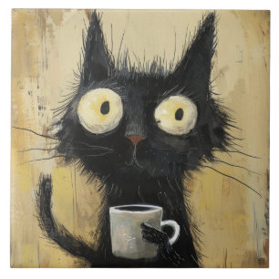 Verwarde Zwarte Kat met Koffie op Grunge Bruin Tegeltje