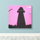Verwaterd Canvas met vuurtoren tegen een Roze Sky Afdruk (Insitu (Houten vloer))