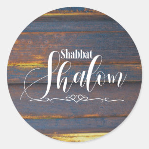 Verweerd Hout Shabbat Shalom, Donkerblauw Goud Ronde Sticker