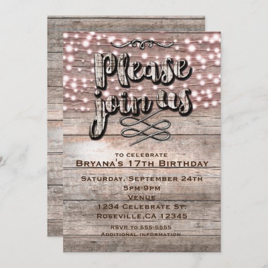 Verweerd Rustiek Hout & Lichten Elegante Uitnodigi Kaart (Voorkant / Achterkant)