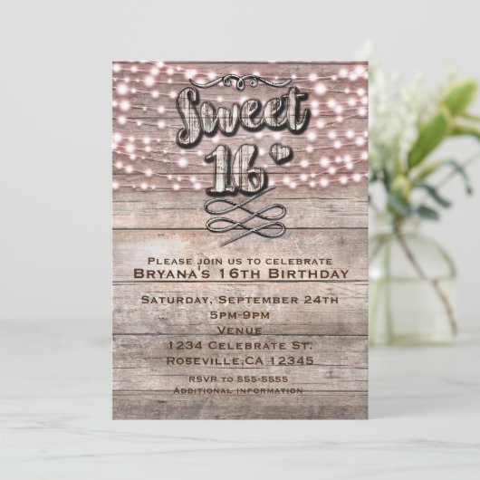 Verweerd rustiek hout & lichten SWEET 16 uitnodigi Kaart (Staand voorkant)