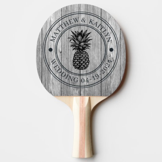 Verweerde donkergrijze ananas bruidskrans & naam tafeltennisbatje (Achterkant)