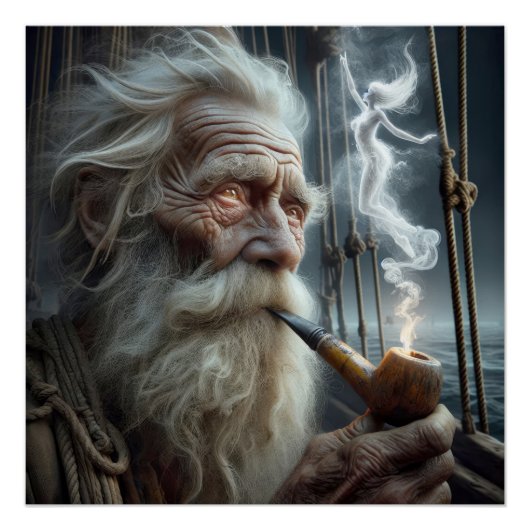 Verweerde oude zeeman roken een pijp perfect poster (Voorkant)