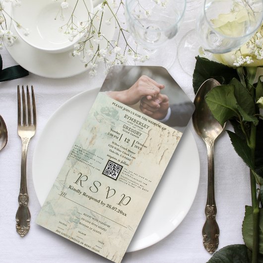 Verweerde textuur met Floral Hints QR Code Foto All In One Uitnodiging