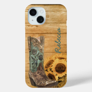 Verweerde Western Country zonnebloem cowboy laars iPhone 15 Case