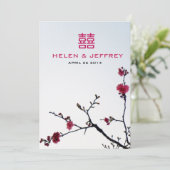 verwelkomend lente Sakura Double Happiness Wedding Kaart (Staand voorkant)
