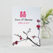 verwelkomend lente Sakura Double Happiness Wedding Kaart (Staand voorkant)