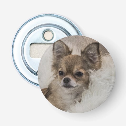 Verwende Chihuahua Ontspannen Button Flesopener (Voorkant)