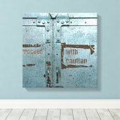 Verwerk voorzichtig met blauwe grijze industriële  canvas afdruk (Insitu (Houten vloer))