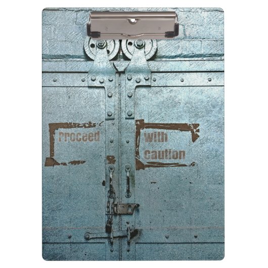 Verwerk voorzichtig met blauwe grijze industriële  klembord (Voorkant)