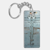 Verwerk voorzichtig met blauwe grijze industriële  sleutelhanger (Voorkant Links)