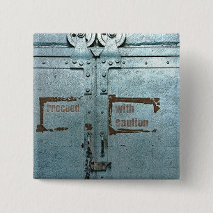 Verwerk voorzichtig met blauwe grijze industriële vierkante button 5,1 cm