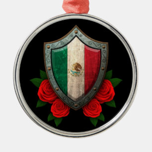 Verwerkte Mexicaanse vlag met rode rozen Metalen Ornament