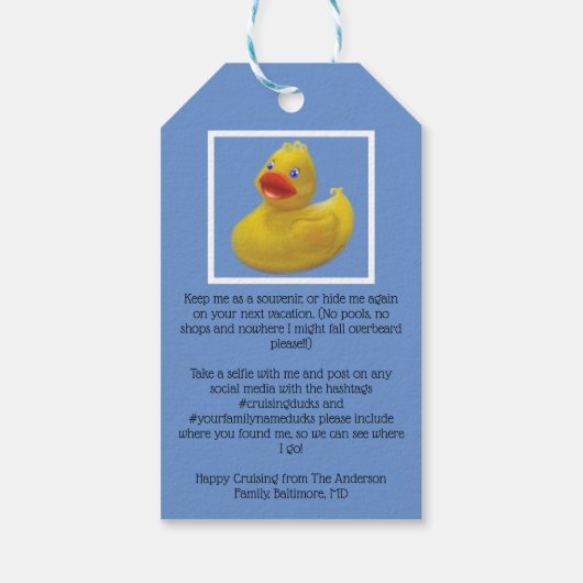 Verwervende eend met cruiseschip cadeaulabel (Achterkant)