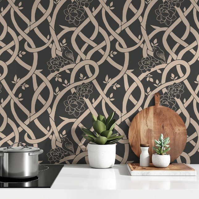 Verweven Elegantie: Zwart en Beige Bloemenvogel Behang (Creator heeft geüpload)