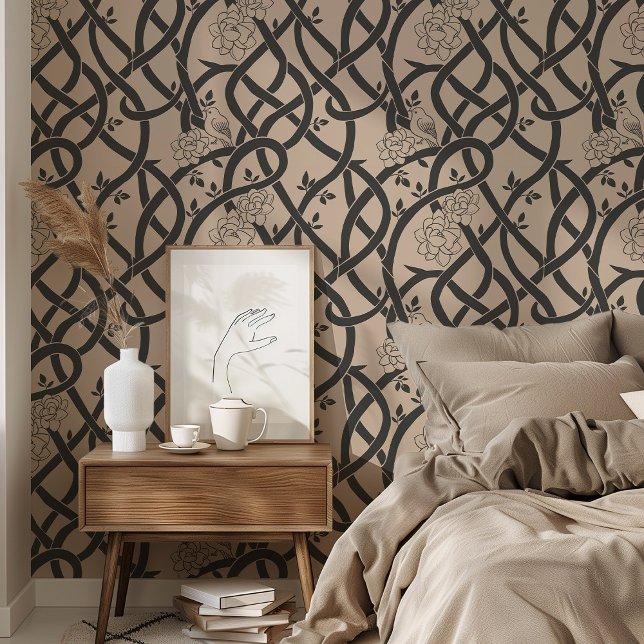 Verweven Elegantie: Zwart en Beige Bloemenvogel Behang (Creator heeft geüpload)