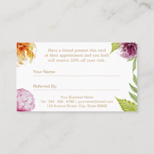 Verwijs een Friend Beauty Salon Floral Referral-Ka Aanbevelingskaartje (Achterkant)
