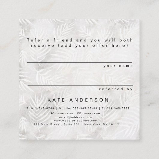 Verwijs een Friend Silver Palm Leaves Referral Sal Vierkante Visitekaartje (Achterkant)