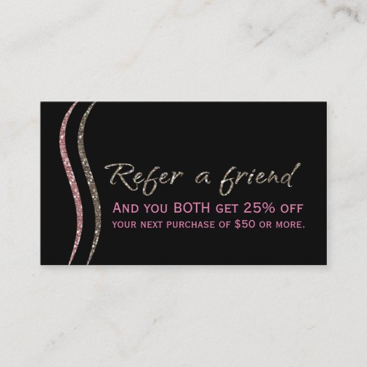 VERWIJS EEN VRIEND Black Glitter Gold & Pink Kaart (Voorkant)