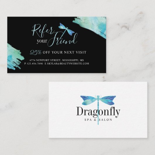 Verwijs een vriend Elegant Blue Waterverf Dragonfl Aanbevelingskaartje (Voorkant / Achterkant)
