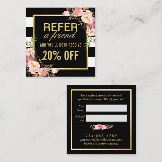 Verwijs een vriend Floral Gold Black White Referra Aanbevelingskaartje (Voorkant / Achterkant)