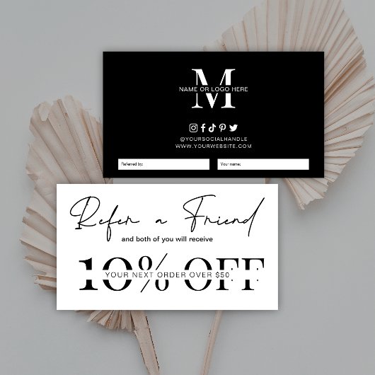 Verwijs een Vriend Minimalist Zwart Wit Logo Aanbevelingskaartje