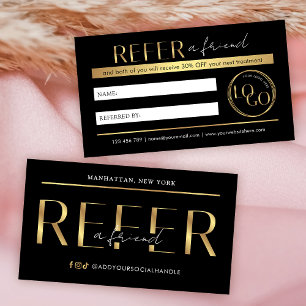 Verwijs Een Vriend Modern Zwart & Goud Logo Salon Aanbevelingskaartje