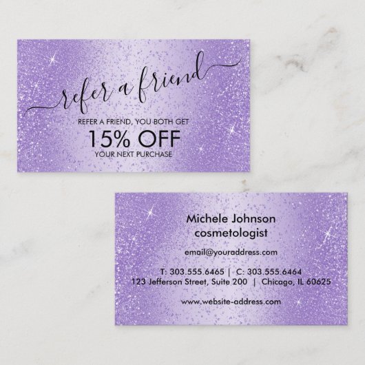 Verwijs een Vriend - Paarse Lavender Glitter Aanbevelingskaartje (Voorkant / Achterkant)