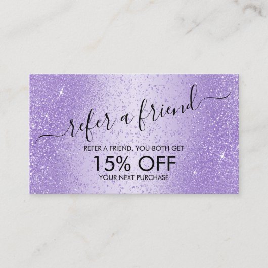 Verwijs een Vriend - Paarse Lavender Glitter Aanbevelingskaartje (Voorkant)